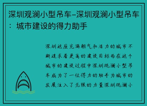 深圳观澜小型吊车-深圳观澜小型吊车：城市建设的得力助手